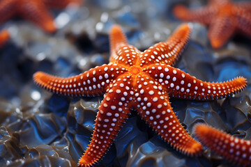 Exotic bright orange starfish with white dots