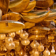 Shaining moroccan metal lamps in the shop in medina of Marrakech, Morocco