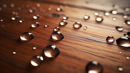 close-up portrait of water drops on wooden table, AI generated, background image