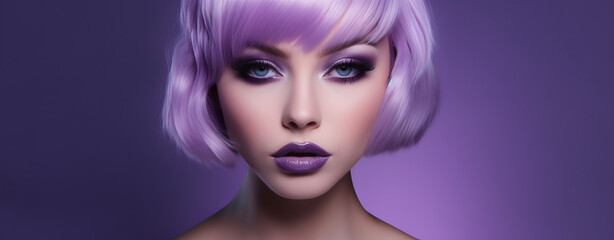 A beautiful model in with purple hair and elegant makeup, in the style of shimmering, luminous palette, salon. Isolated studio background. Hair styling