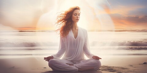 A woman in lotus pose on the beach sea or ocean coast, practicing yoga meditation and mindfulness exercises until wellness and awareness. Relaxation Magic time