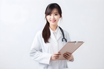 Female doctor wearing a gown.Hanging stethoscope and hold document filed.