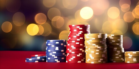 stack of casino chips, isolated on poker table, bokeh lights in background, Copy space. Generative AI