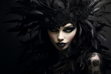 A fashion model with black feathers in her hair, in the style of bold shadows, dark fairy tales, monochromatic palettes.