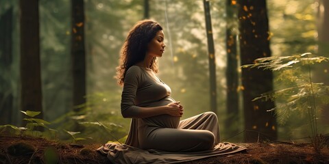 Happy pregnant women in lotus pose in the forest, practicing yoga meditation and mindfulness exercises until wellness and awareness. Relaxation Magic time