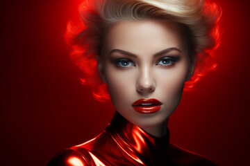 A beautiful woman with red hair and a golden suit portrait of makeup for beauty photo shoot, in futuristic pop, shiny, high gloss, monochromatic shadows, contemporary candy-coated, shiny. glossy