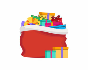 Red Santa's Christmas bag full of toys and gifts Merry Christmas and happy new year. Vector illustration