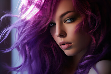 Fototapeta premium A beautiful model in with purple hair and elegant makeup, in the style of shimmering, luminous palette, salon. Isolated studio background. Hair styling