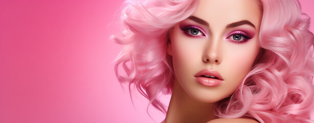 A beautiful blonde model in pink makeup,, in the style pop fashion, light pink, salon. Isolated studio background. Hair styling