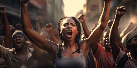 Fototapeta na wymiar African American people in a crowd fighting and protesting in the street with raised fists against racism and racial discrimination, for change, freedom, justice and equality, Black Lives Matter