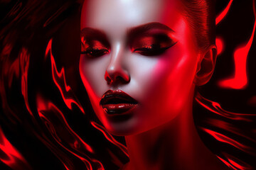 A beautiful woman with red hair and a golden suit portrait of makeup for beauty photo shoot, in futuristic pop, shiny, high gloss, monochromatic shadows, contemporary candy-coated, shiny. glossy