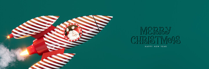 Santa Claus in lollipop space rocket and Merry Christmas text on green background. Christmas...