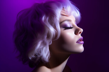 A beautiful model in with purple hair and elegant makeup, in the style of shimmering, luminous palette, salon. Isolated studio background. Hair styling