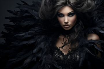 A fashion model with black feathers in her hair, in the style of bold shadows, dark fairy tales, monochromatic palettes.