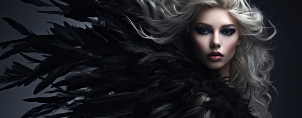 A fashion model with black feathers in her hair, in the style of bold shadows, dark fairy tales, monochromatic palettes. © MD Media