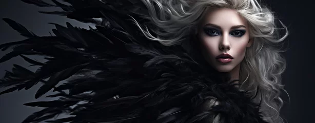 A fashion model with black feathers in her hair, in the style of bold shadows, dark fairy tales, monochromatic palettes. © MD Media