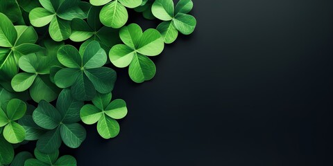 Green clover leaves on green background, copy space. Generative AI - obrazy, fototapety, plakaty