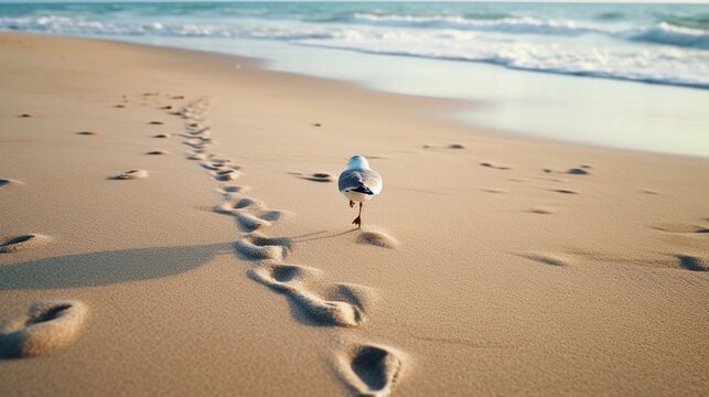 Illustrate footprints in the sand with interspersed seagull prints, showcasing the coexistence of human and bird tracks on the beach, AI generated, background image