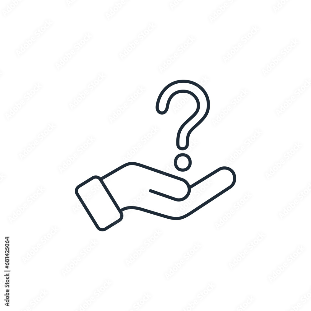 Poster hand with a question mark. request. vector linear illustration icon isolated on white background.