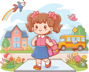Obraz na płótnie Canvas A cute baby girl going to school vector Illustration 
