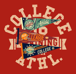 College sporting athletic department with baseball basketball football pennant flag abstract vintage vector artwork for kid boy t shirt with embroidery applique patches