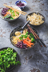 Vegan miso noodle soup with mushrooms, red cabbage, carrots and sprouts