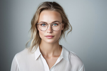 Portrait of young businesswoman in eyeglasses on grey background.