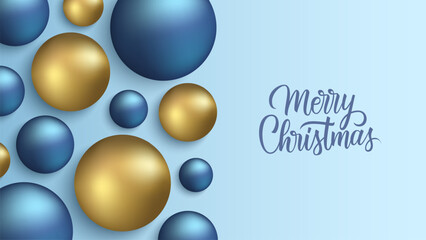Merry Christmas festive banner with hand lettering greetings. Gold and blue colored spheres. Color gradient round shapes on blue background. Vector illustration.