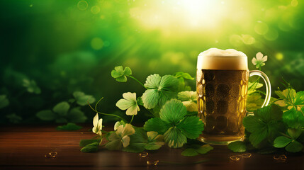 Saint Patrick green beer with cloves on dark background, panorama. Generative Ai. Saint Patrick green beer with cloves on dark background, panorama. Generative Ai.

 - obrazy, fototapety, plakaty