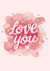 Illustration red text love you, heart shaped frame on white background, watercolor style
