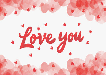  Illustration red text love you, heart shaped frame on white background, watercolor style