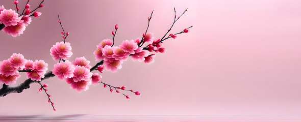 Branch of peach blossom on pink background, a background for China New Year and Lunar New Year.