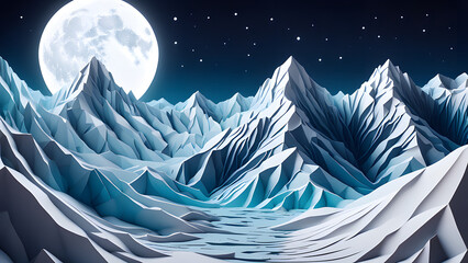  Rocky mountain range covered by snow in winter with glacier at night in paper cut style as a snowy nature landscape background.