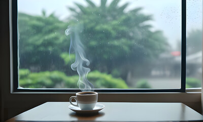 Coffee cup hot with smoking on the smooth face wooden table with raining outside window blurred background