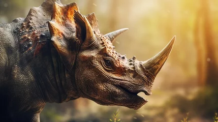 Tuinposter Portrait of Triceratops against ancient forest background with space for text, AI generated, background image © Hifzhan Graphics