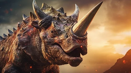 Foto op Canvas Portrait of Triceratops against ancient forest background with space for text, AI generated, background image © Hifzhan Graphics