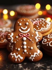 A gingerbread man cookie with icing details, festive setting. Conveys holiday cheer and homemade baking.