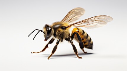An animated  rendering of a bee hovering mid-air isolated on a stark white backdrop  AI generated illustration
