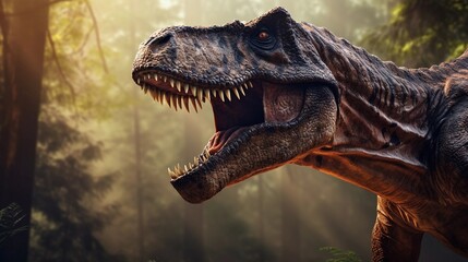 Portrait of Tyrannosaurus-rex against ancient forest background with space for text, AI generated, background image