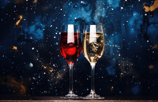 glasses to toast, in a blurred Christmas background