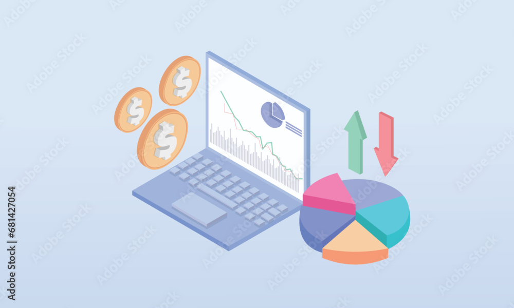 Poster 3d minimal online trading with laptop. 3d notebook using funding business graph on computer with mon