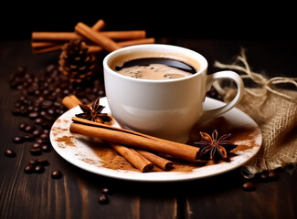 hot cup of coffee with cinnamon sticks and charismas cookies, Coffee beans, Christmas vibes 