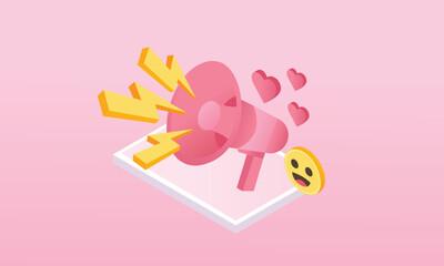 Obraz premium 3d minimal megaphone speaker for announce romantic valentine composition. Valentine's Day decorative 3d objects, heart and love emoji sound icon.on pastel pink background.isometric vector design.