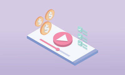 3d minimal social media with live streaming video on 3d mobile phone. Social media online playing video for make money passive income concept.on pastel purple background.