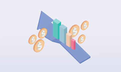 3d minimal trading for successful idea. Excellent investing business and banking management. Investment management with 3d money coin and graph concept.on pastel blue background.