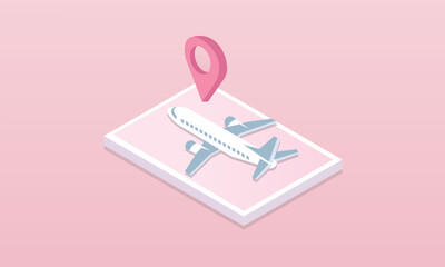 3d minimal mobile phone for flight airplane, suitcase, tourism and travel planning with flight plane. 3d travel booking and service.on pastel pink background.isometric vector design Illustration.