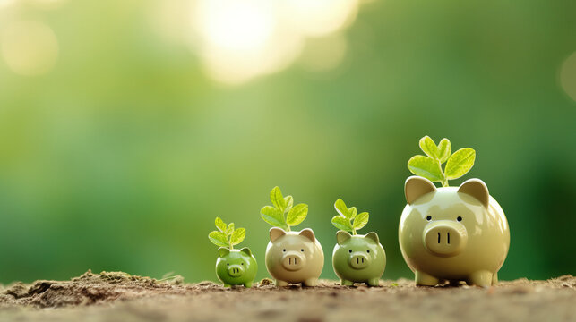 Environmental investment and eco savings success concept with piggy banks with growth of plants on green background and copy space