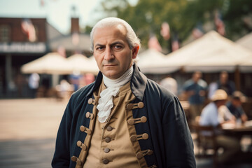 Portrait of a man dressed like George Washington the first US president with American town in background