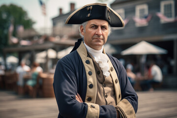 Portrait of a man dressed like George Washington the first US president with American town in background - obrazy, fototapety, plakaty