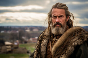 Portrait of a man dressed like Vercingetorix the historic gallic king who united Gauls in ancient France